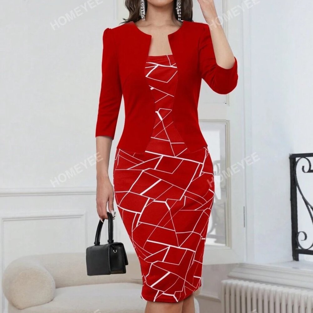 HOMEYEE Women's 2XL Printed Patchwork Elegant Striped Red Pencil Dress With 2 In